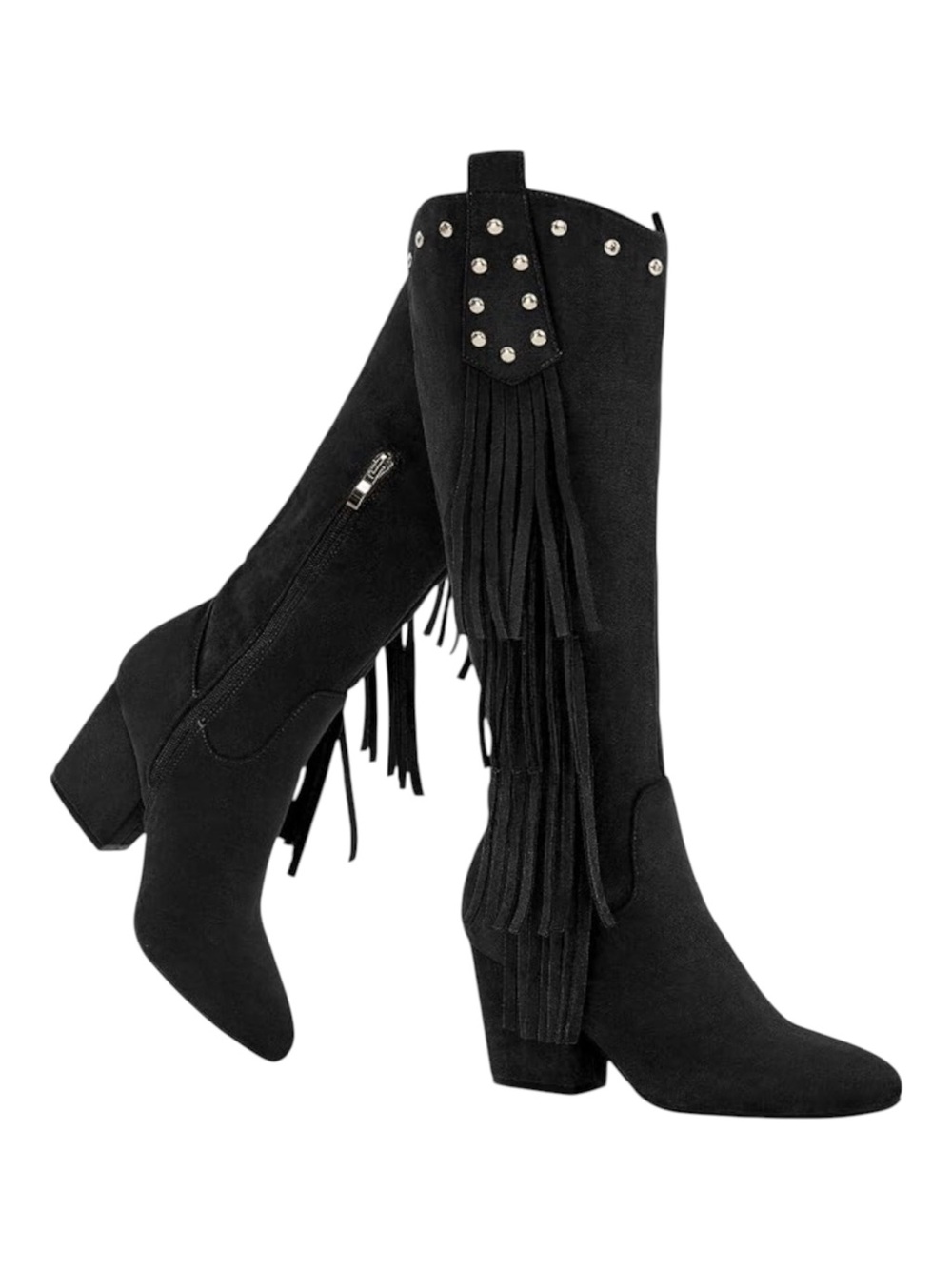 Black Fringe Studded Mid-Calf Block Heel Boots - Sz 8 - NEW